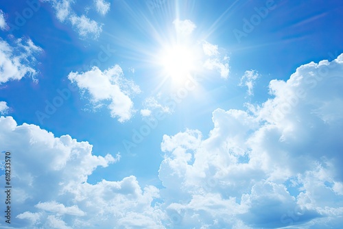 Bright Sun in a Clear Blue Sky with White Clouds. Strangely Beautiful Sunlight in the Background for Weather-Related Imagery: Generative AI © Serhii