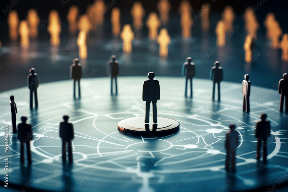 © tanitost - Human resource management and recruitment business concept. One person standing in epicenter. AI generated