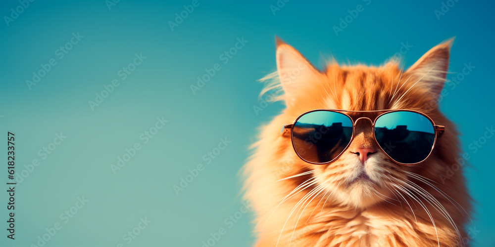 Closeup portrait of funny ginger cat wearing sunglasses on light blue. Copy space. Border for design. AI generated