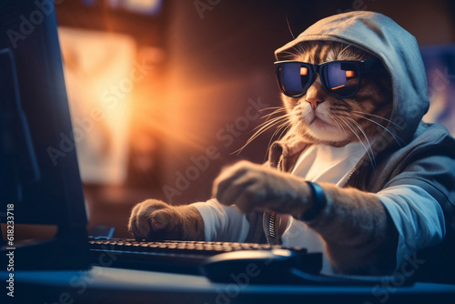 Tela Funny cat in sunglasses working on the laptop in the night
