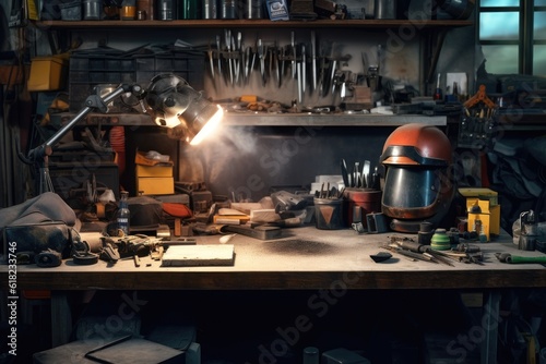 photo welding workplace desk with stuff and equipment AI Generated
