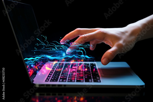 Hand and laptop with neon light on the black background. Hacker concept. AI generated photo