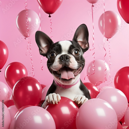 A photorealistic image of a Boston Terrier puppy surrounded pink love-shaped balloons © Tina