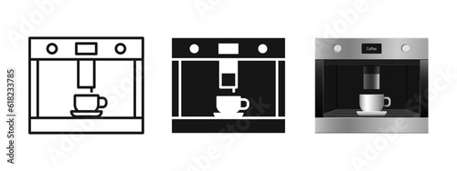 Built-in coffee machine icon. Automatic coffee machine, outline, silhouette and realistic vector illustration