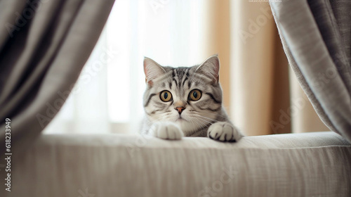 American Shorthair cat sits on white bed.Generative Ai. photo