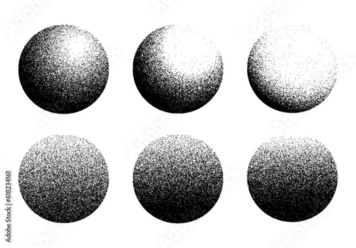 Dotwork noise gradient circles. Sand grain effect. Black noise stipple dots patterns. Abstract grunge dotwork gradients. Black grain dots elements. Halftone circles. Dotted vector set