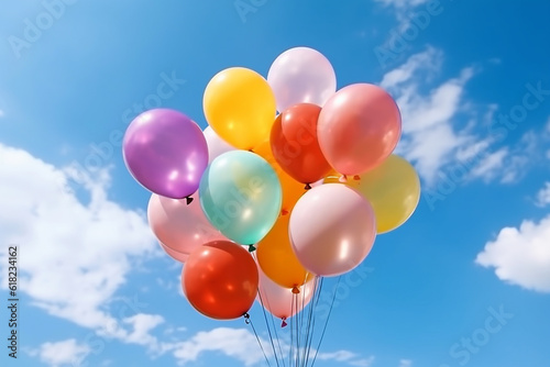 Bunch of colorful balloons with float on a blue sky background.Generative Ai.