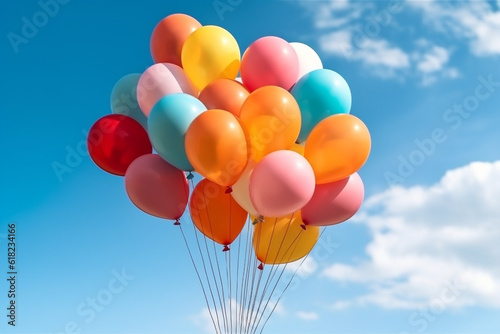 Bunch of colorful balloons with float on a blue sky background.Generative Ai.
