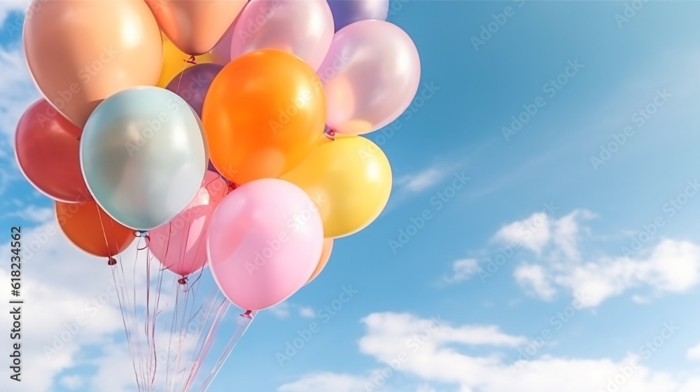 Bunch of colorful balloons with float on a blue sky background.Generative Ai. Bunch of colorful balloons with float on a blue sky background.Generative Ai.