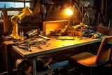 photo welding workplace desk with stuff and equipment