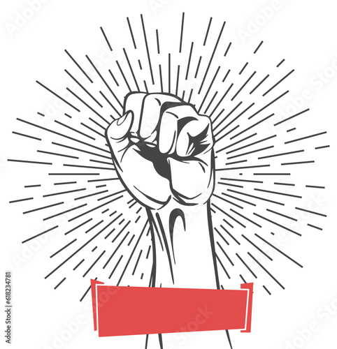 Rised fist hand gesture emblem. Vector hand clenched into fist and rising up, symbol isolated on white background. Power sign. Human hand up in the air