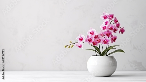 Front view of pink roses in modern vase on white wall background.Generative Ai. © Inlovehem