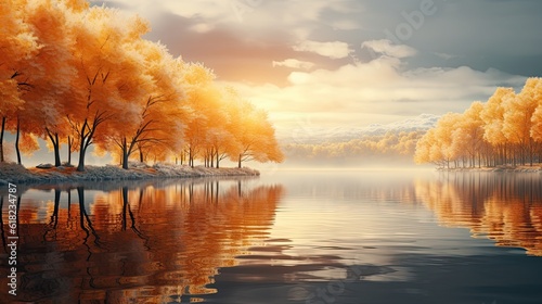 Stunning detail reflection of the golden and orange katsura trees around the natural round lake