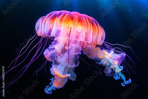 Huge jellyfish glows in the depths of the sea.Generative Ai. © Inlovehem