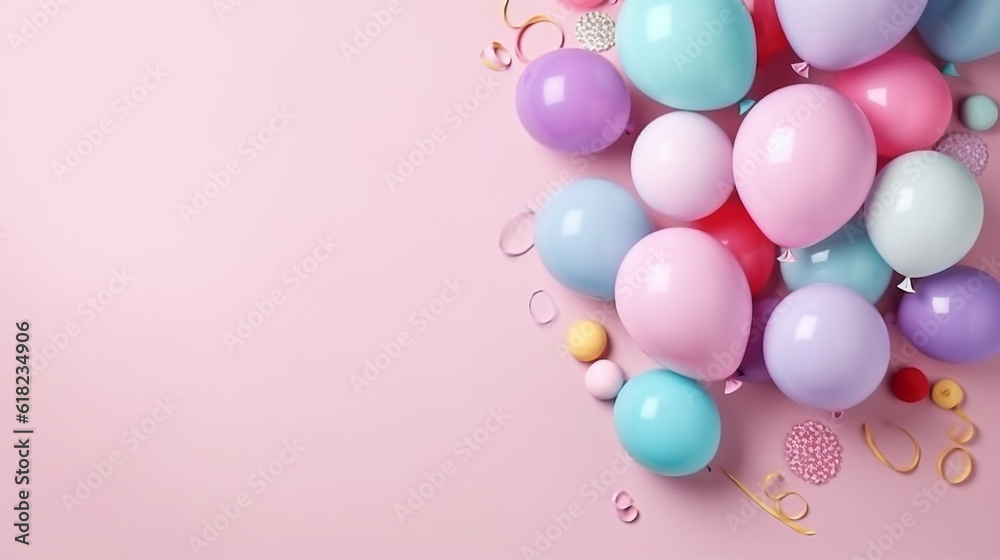 Pastel pink background with colorful balloons,copy space,birthday or party greeting card.Generative Ai. Pastel pink background with colorful balloons,copy space,birthday or party greeting card.Generative Ai.