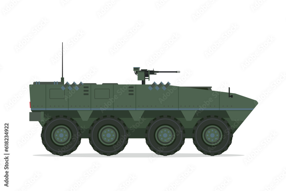 Armored personnel carrier. Vector element flat style illustration. Side view. Isolated APC on white. Military Vehicle Armored personnel carrier. Vector element flat style illustration. Side view. Isolated APC on white. Military Vehicle