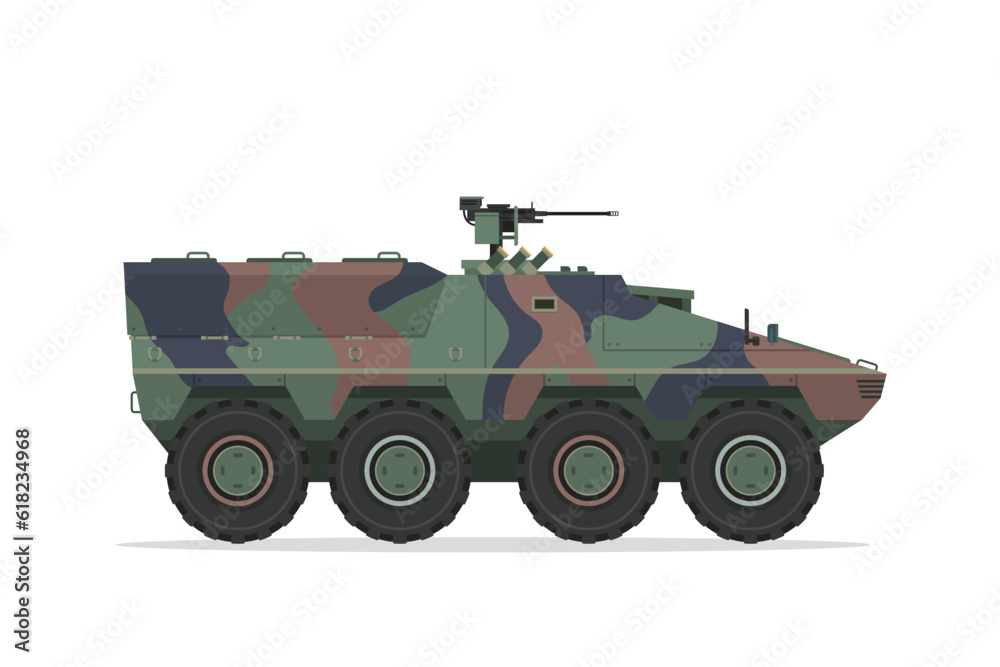 Armored personnel carrier. Vector element flat style illustration. Side view. Isolated APC on white. Military Vehicle Armored personnel carrier. Vector element flat style illustration. Side view. Isolated APC on white. Military Vehicle