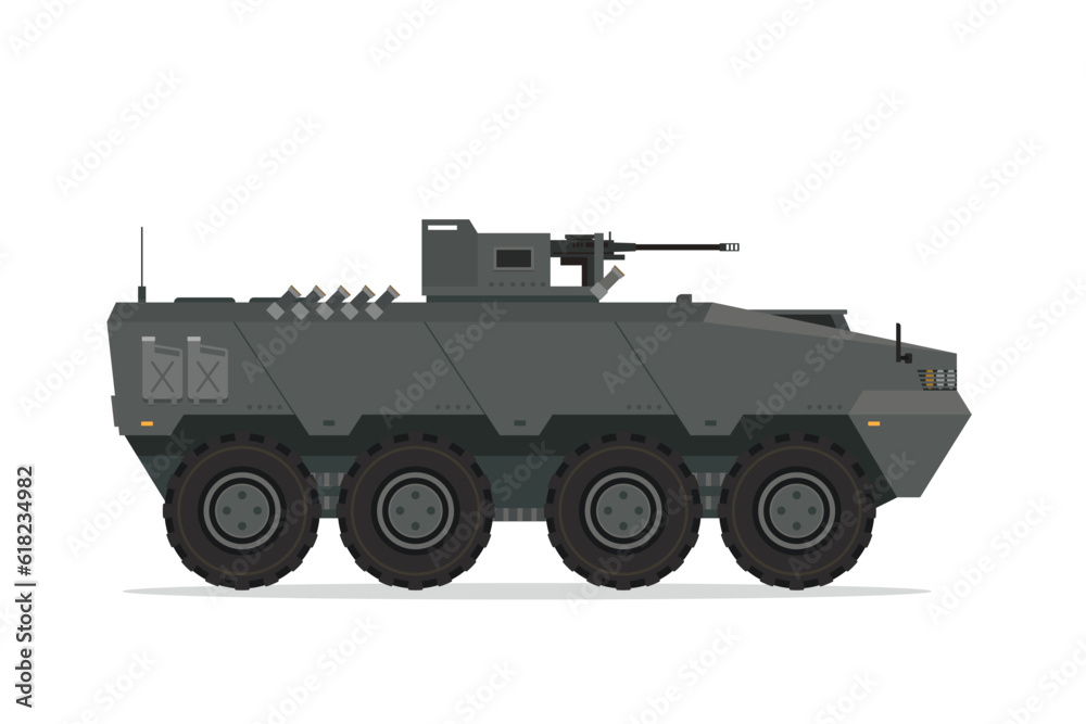 Armored personnel carrier. Vector element flat style illustration. Side view. Isolated APC on white. Military Vehicle Armored personnel carrier. Vector element flat style illustration. Side view. Isolated APC on white. Military Vehicle