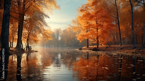 Stunning detail reflection of the golden and orange katsura trees around the natural round lake