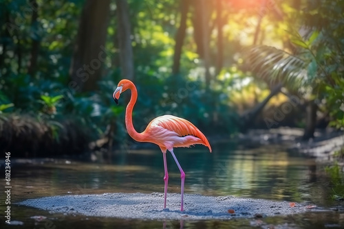 Pink flamingo walks beside the river in the forest .Generative Ai.