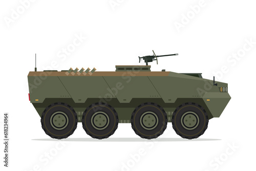 Armored personnel carrier. Vector element flat style illustration. Side view. Isolated APC on white. Military Vehicle