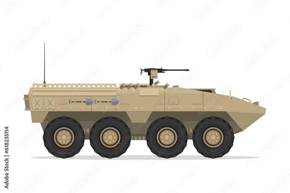 Naklejka premium Armored personnel carrier. Vector element flat style illustration. Side view. Isolated APC on white. Military Vehicle