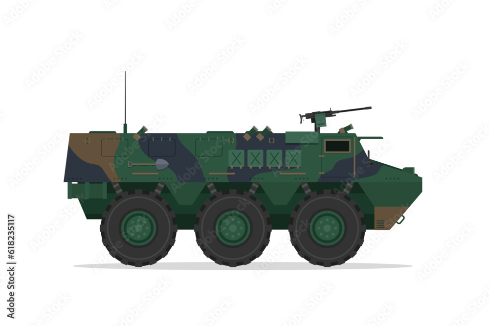 Armored personnel carrier. Vector element flat style illustration. Side view. Isolated APC on white. Military Vehicle Armored personnel carrier. Vector element flat style illustration. Side view. Isolated APC on white. Military Vehicle