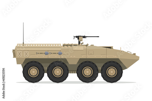 Armored personnel carrier. Vector element flat style illustration. Side view. Isolated APC on white. Military Vehicle