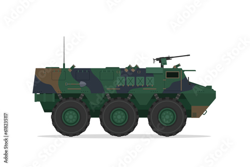 Armored personnel carrier. Vector element flat style illustration. Side view. Isolated APC on white. Military Vehicle