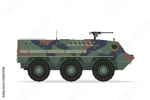 Armored personnel carrier. Vector element flat style illustration. Side view. Isolated APC on white. Military Vehicle