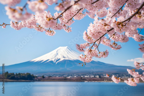 Cherry blossoms with fuji mountain background.Generative Ai.