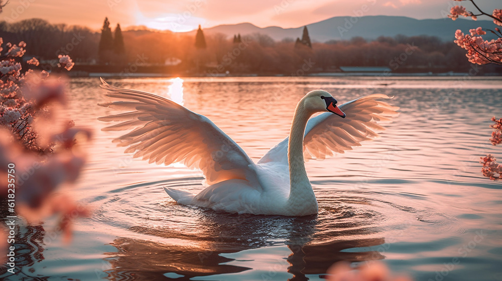 Swan spreading wings in the river with fuji mountain background.Generative Ai.