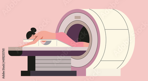 Medical Radiology Concept, Breast Cancer Screening and Diagnosis with Advanced MRI Scan Technology for Accurate Results on Female Patient, Vector Flat Illustration