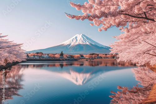 Cherry blossoms with fuji mountain background.Generative Ai.