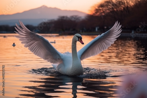 Swan spreading wings in the river with fuji mountain background.Generative Ai. © Inlovehem