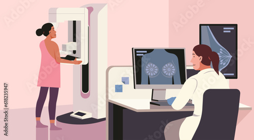Advanced Mammography in a Medical Clinic, Expert Doctor Ensuring Early Detection of Breast Cancer for Female Patient's Health, Vector flat Illustration photo