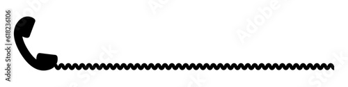 Telephone receiver with a wire. Phone handset with extension cord. Black silhouette isolated on a white background. Vector clipart. 