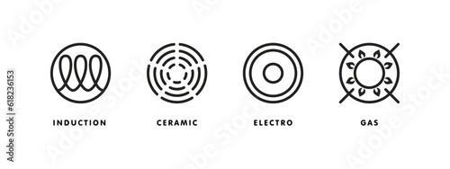 Icon of induction, electric hob, gas cooking stove and ceramic oven grate cooker. Top view symbol or logo template. Vector illustration