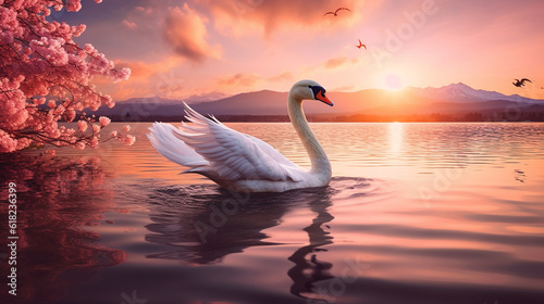 Swan spreading wings in the river with fuji mountain background.Generative Ai.