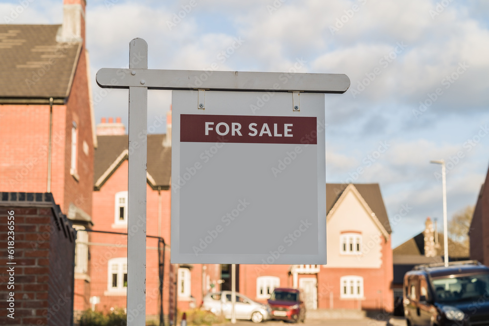 For sale sign against homes in background, property, economics and information concept illustration.