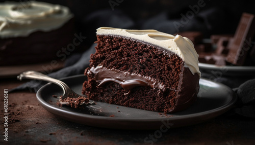 A homemade chocolate brownie slice on a plate generated by AI