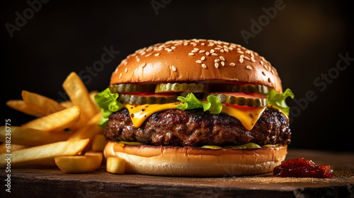American beef cheeseburger with fries on wooden background.Generative Ai.