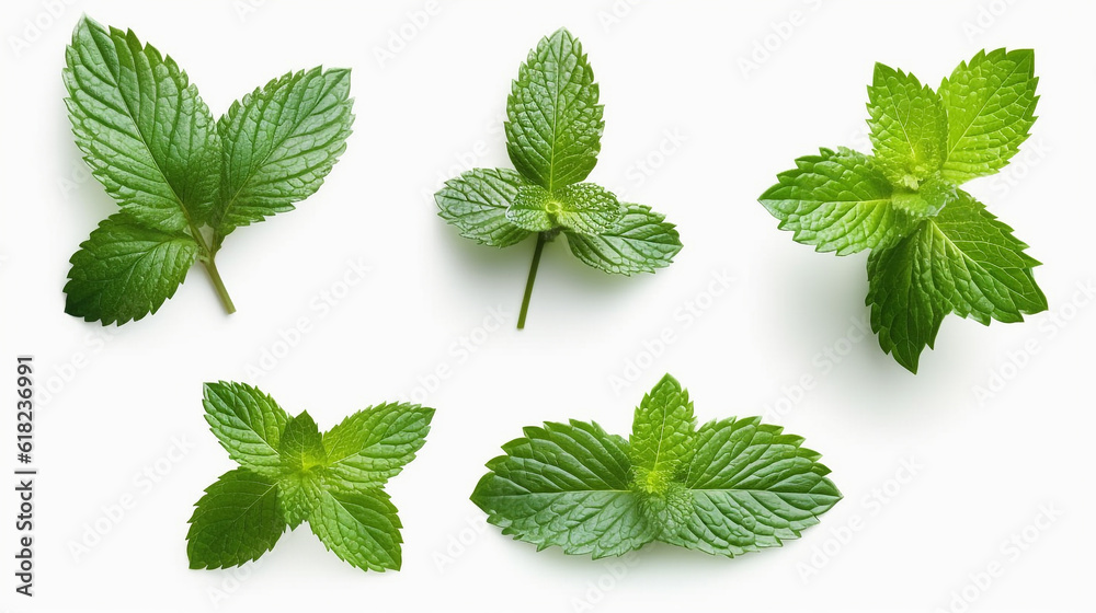 Set of fresh mint leaves on white background.Generative Ai.