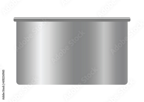 Metallic tin can for food. Front view. Vector realistic mockup of blank cylinder, aluminum container, round steel pack isolated on white background