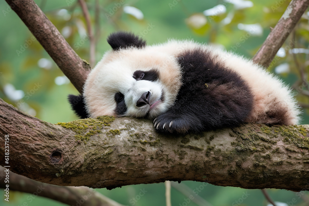 Panda eating bamboo on a tree branch.Generative Ai. Panda eating bamboo on a tree branch.Generative Ai.