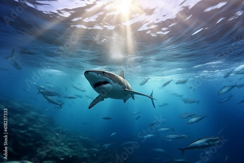 Shark swimming in the deep sea.Generative Ai.