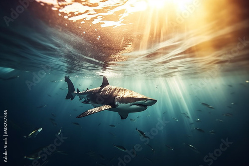 Shark swimming in the deep sea.Generative Ai.