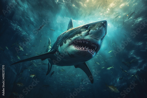 Shark swimming in the deep sea.Generative Ai. © Inlovehem