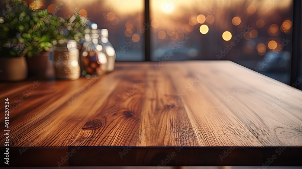 Wood table top on blurred kitchen background