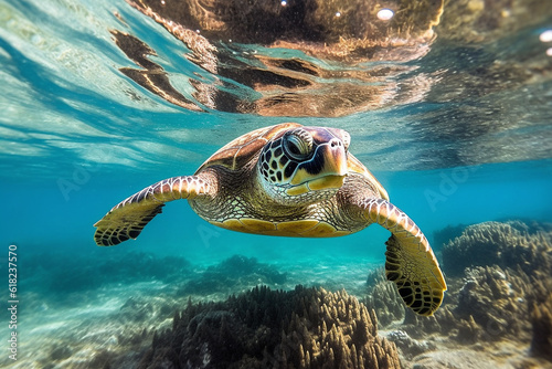 Turtle swim in the sea.Generative Ai.